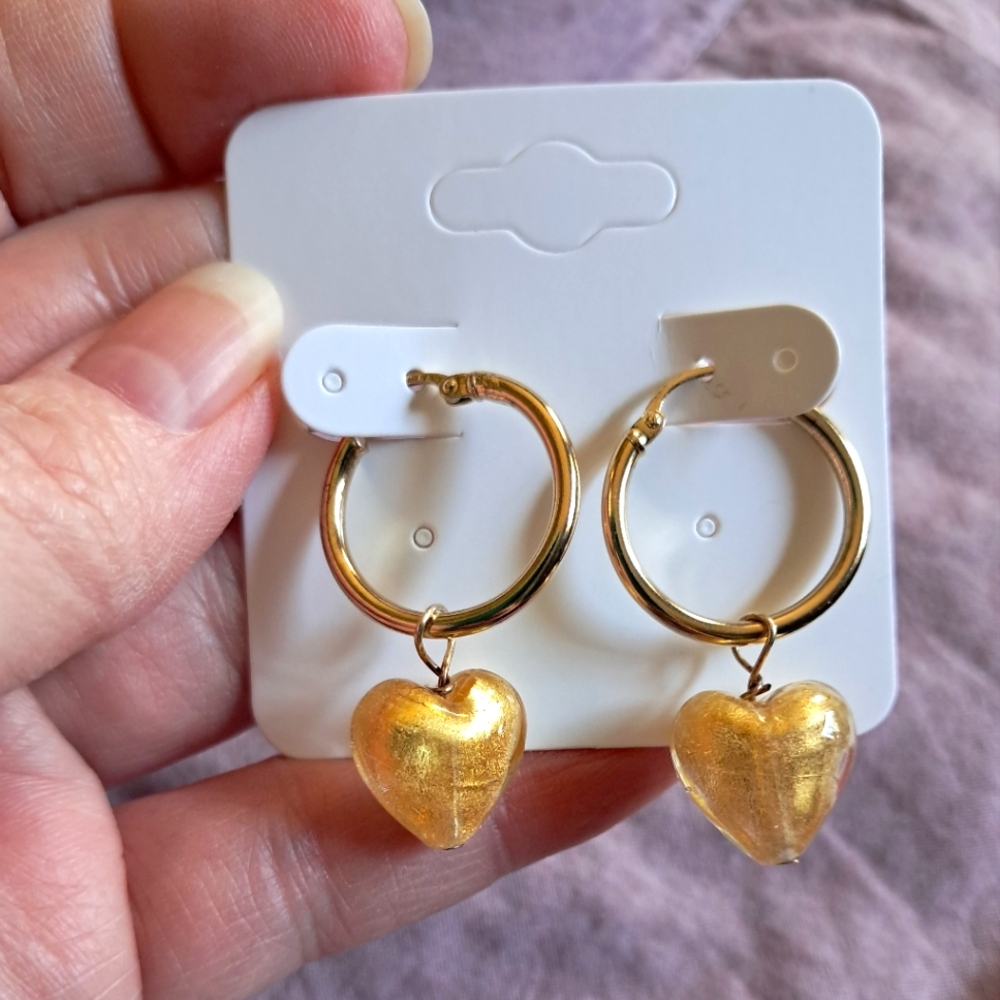 Vintage Sterling Silver Vermeil Gold Murano Heart Dangle Glass Hoop Earrings